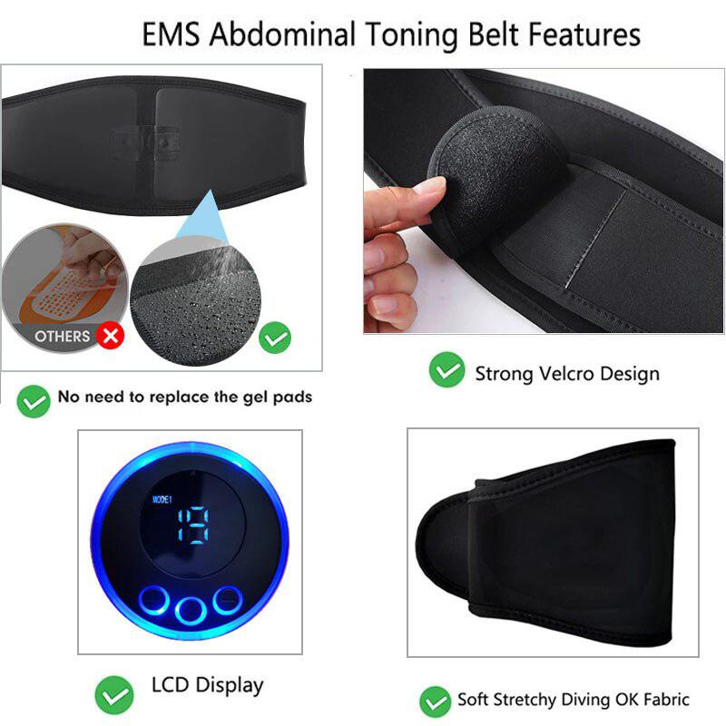 EMS Muscle Stimulator Toning Belt | USB Rechargeable Abs Abdominal Trainer for Body Belly Weight Loss | Home Gym Fitness Equipment | Unisex